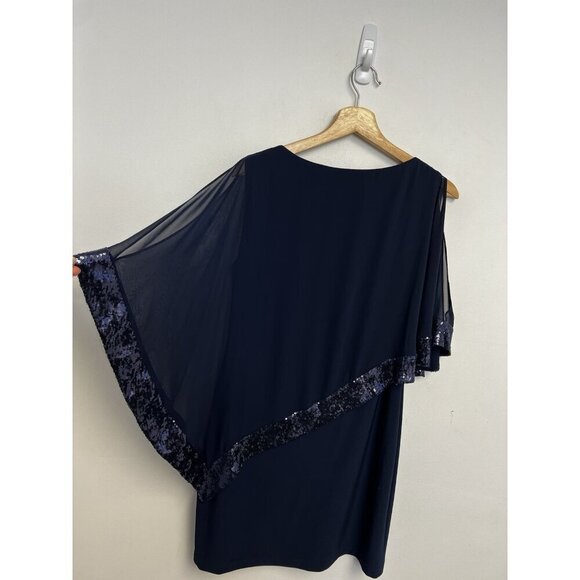 Xscape Capelet Mini Dress Navy Blue Sequin Trim Sheath Sheer Cape Sz 10 - Picture 8 of 12